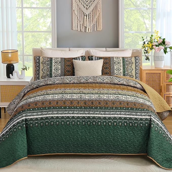 WONGS BEDDING Boho Quilt King Size,3 Pcs Bedspread Set, Brown Green | Colorful Bohemian Striped Printed Bedding for All Season, Lightweight Microfiber Coverlet Set with 2 Pillowcases(104"x90")