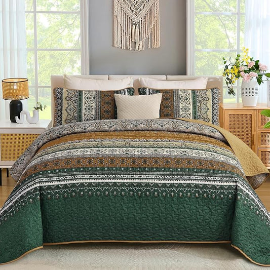 WONGS BEDDING Boho Quilt King Size,3 Pcs Bedspread Set, Brown Green | Colorful Bohemian Striped Printed Bedding for All Season, Lightweight Microfiber Coverlet Set with 2 Pillowcases(104"x90")