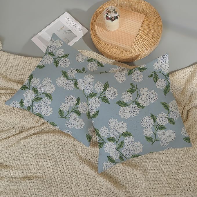 Light Blue Pillow Covers 16x16 Inch 2 Pcs Blue Green Hydrangea Flower Decor Throw Pillows Vintage Floral Seasonal Spring Summer Outdoor Decoration Pillowcase Linen Cushion Cover for Couch Sofa
