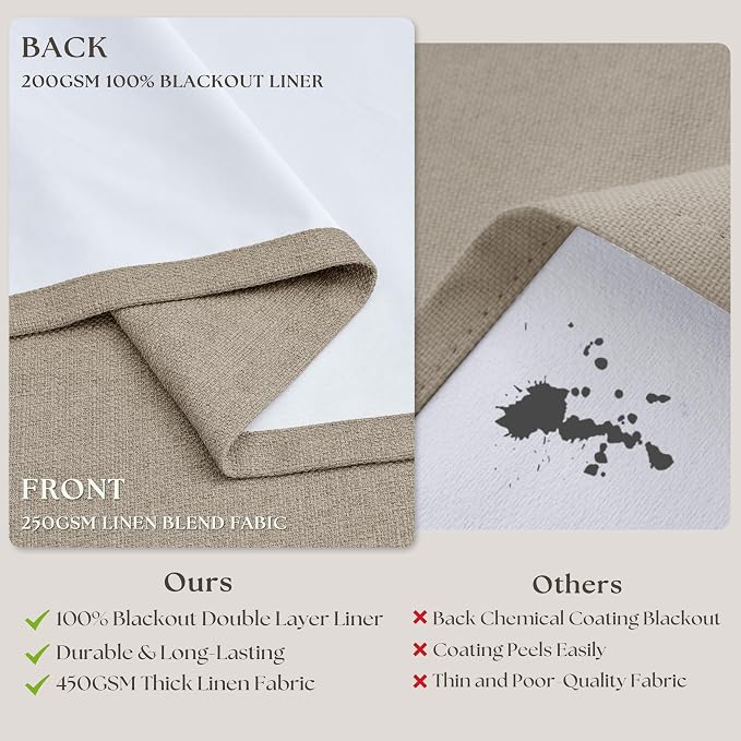 Deep Flax Blackout Pinch Pleat 100 Inch Linen Curtains 2 Panels Set | for Living Room Bedroom, Farmhouse Pinch Pleated Back Ta Thermal Insulate 100% Black Out Window Curtains, Taupe Colored