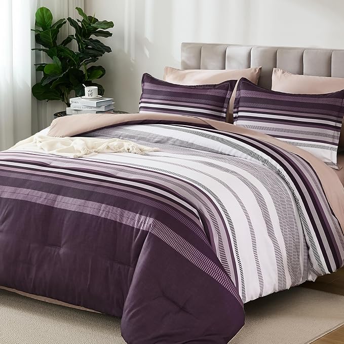 Dobuyly Purple Comforter Set Queen Size 7 Piece, Boho Striped Bed in a Bag Queen Soft Microfiber Bedding Sets with Comforter, Sheets, Pillowcases & Shams All Season