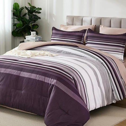 Dobuyly Purple Comforter Set King Size 7 Piece, Boho Striped Bed in a Bag King Soft Microfiber Bedding Sets with Comforter, Sheets, Pillowcases & Shams All Season