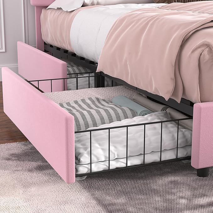 VECELO Queen Size Upholstered Bed Frame with 4 Drawers and Headboard, Velvet Platform Storage Bedframe, Wooden Slats Support, No Box Spring Needed,Pink