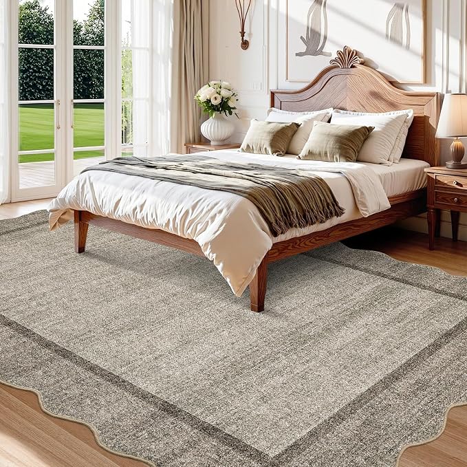 GarveeHome Scalloped Washable 9x12 Area Rug for Living Room Non Slip, Brown | Modern Bedroom Rug Large Area Rug Non Slip Throw Rugs Soft Low Pile Stain Resistant Carpet for Dorm Nursery Dining Room