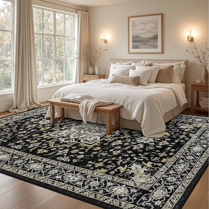 8x10 Area Rugs Living Room: Washable Rug for Bedroom Black Gold | Boho No Slip Stain Resistant Rug Soft Indoor Decor Floor Floral Area Rugs for Dining Room, Nursery, Hallway, Home Office