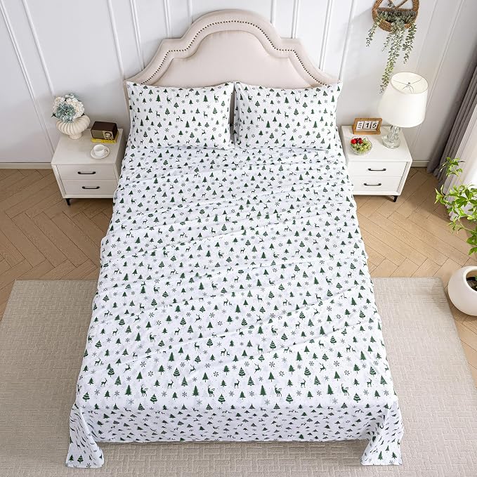 Softan Christmas Holiday Microfiber Twin Sheet Set with Non-Slip Straps | 15" Deep Pocket Fitted Bed Sheets, Printed Sheets, Green Reindeer Pattern, Single Sheets & Pillowcase Set for All Season