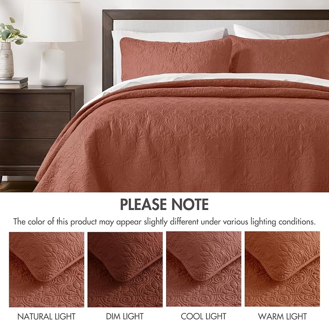 Madison Park Luxurious Cotton Damask Quilt Set, 3PC King/Cal King Bed Set | All Season, Lightweight Stitching Coverlet Bedspread Bedding Stitching with Shams, Clay Red