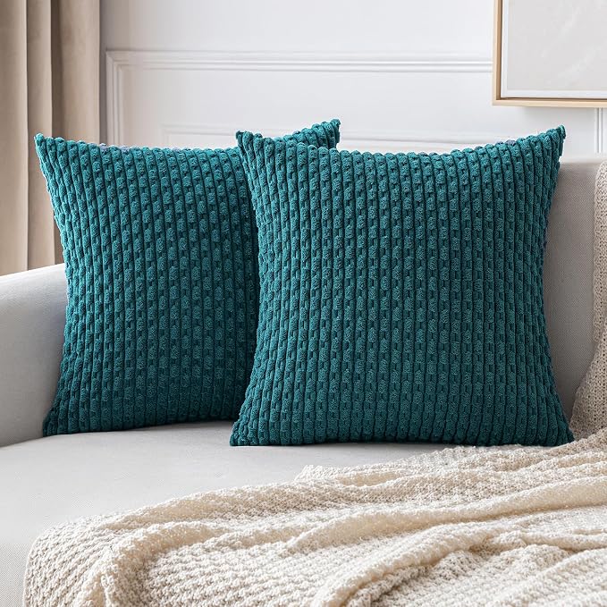 MIULEE Decorative Throw Pillow Covers 20x20 Teal Blue Textured Corduroy | Pack of 2 Striped Pillow Covers Modern Farmhouse Home Decor for Couch Bed Sofa Living Room