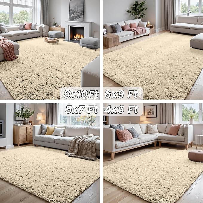 6x9 Fluffy Shag Area Rugs for Living Room Bedroom: Soft Plush Carpet Beige | Upgraded Non-Slip Thick Memory Foam, Ultra Soft, Non-Shedding Fuzzy Carpet, Easy Clean Decor for Kids Room, Nursery, Playroom