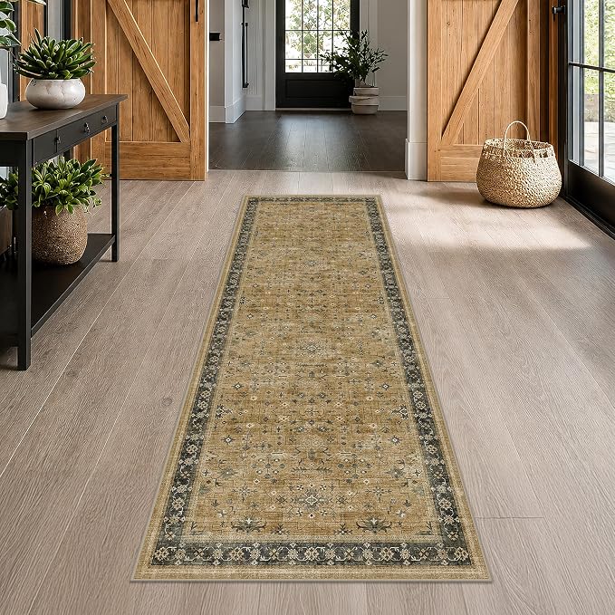 Washable Long Runners for Hallways, 2'6"x8' Wide Kitchen Runner Rug, Bohemian Rustic Brown and Charcoal Olive Entryway Indoor Rug, Non-Slip Stain & Fade Resistant