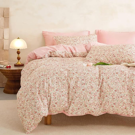 Wake In Cloud - Floral Duvet Cover Set, Cute Vintage Flower Cottagecore Aesthetic for Women Teen Girls, Soft Lightweight Bedding, 3-Piece, Cream Pink, Queen Size