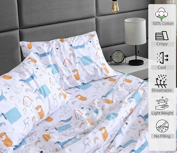 RUVANTI 100% Cotton Percale Sheets Queen Size, Puppy Me | Crisp Cooling, Deep Pocket 16", Soft Breathable & Durable, Hotel-Style, 4 Piece Set