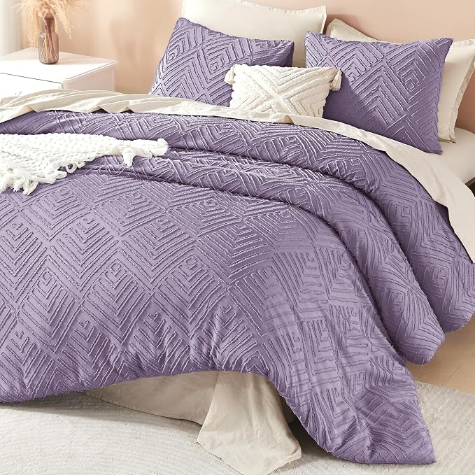Litanika Queen Size Comforter Set, 3 Pieces Tufted Boho Bedding Set | Grayish Purple Farmhouse Shabby Chic Vintage Bohemian Textured Aesthetic Soft Fluffy Breathable All Season Bed Set