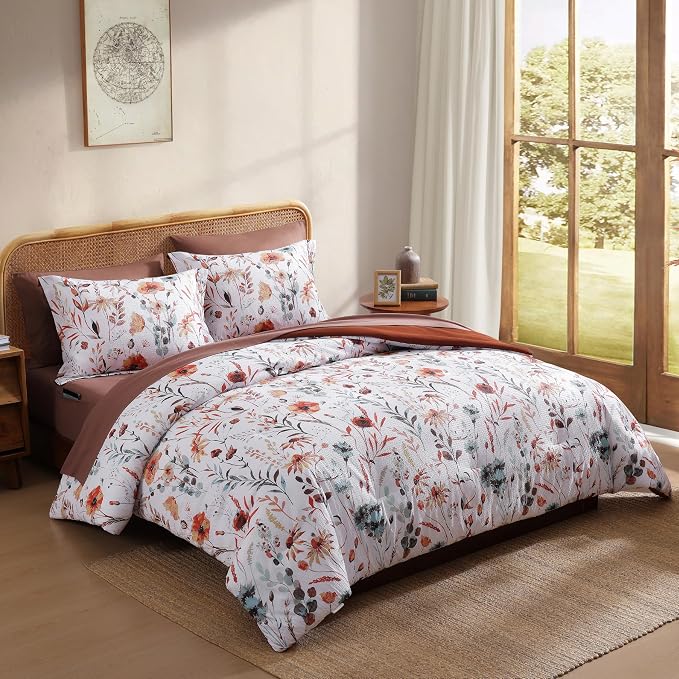 Full Size Comforter Sets - 7 Pieces Floral Bed in a Bag Full Bedding Set | Terracotta Botanical Texture Flowers Comforter Set with Sheets, Pillowcases & Shams for All Seasons