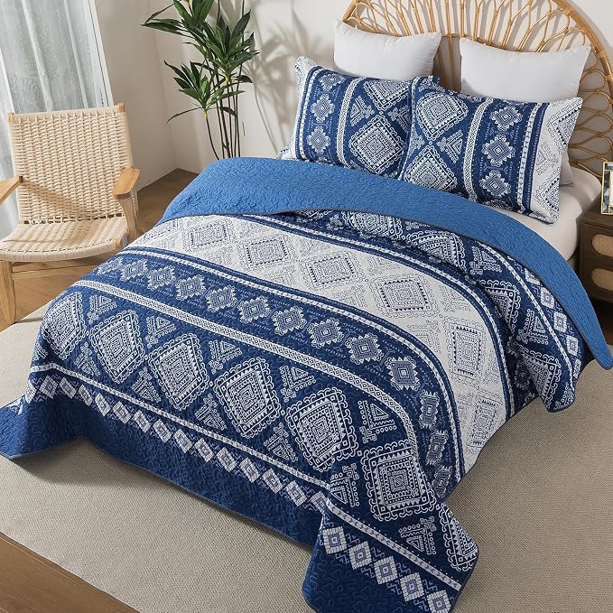 Quilt Set King Size, Bedspread Sets Blue Tribal Geometric, Reversible Quilt Bedding Set Lightweight and Breathable for All Seasons, Soft Quilted Bedspread with 2 Pillow Shams