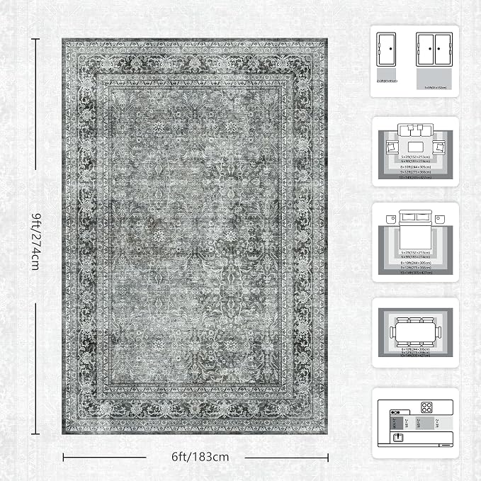 6x9 Area Rugs - Washable Vintage Retro Living Room Rug, Soft Ultra Thin Non Slip Low Pile Traditional Distressed Boho Carpet for Bedroom Dining Room Nursery Home Office, Black Grey