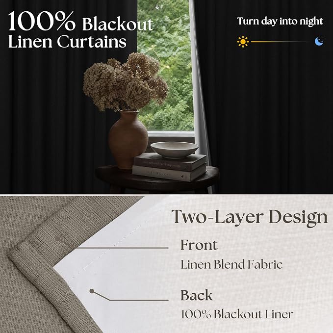 Taupe Pleated Linen Blackout Curtains 84 Inch Long for Bedroom Living Room | Pinch Pleat Ring Hooks Back Tab, Black Out, Thermal Insulated, Room Darkening, Brownish Gray 84 Inch Curtains with Liner