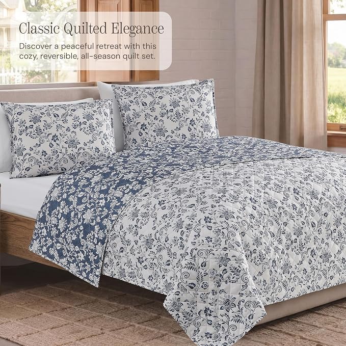 Twin/Twin XL Quilt Set-2 Pieces Soft Bedding Floral Reversible Coverlet | All Seasons Lightweight Quilts Queen Size for Bed, Breathable Vintage Bedspread with Sham, Oxford Blue