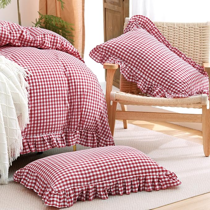 ATsense Red Gingham Ruffle Duvet Cover Set Cotton Like Linen, King | 100% Washed Cotton Linen-Like Feel Soft, Breathable & Comfy. Farmhouse Bedding Set with Zipper & 8 Ties. 3 Pcs, No Insert