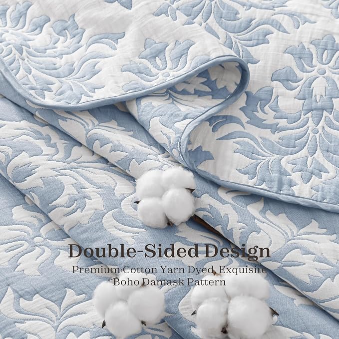 Exclusivo Mezcla Cotton Quilts Queen Size Blue | Soft Lightweight Bedspread, Breathable Prewashed Yarn Dyed Muslin, All Season Bedding Set, Boho Coverlet With 2 Pillow Shams