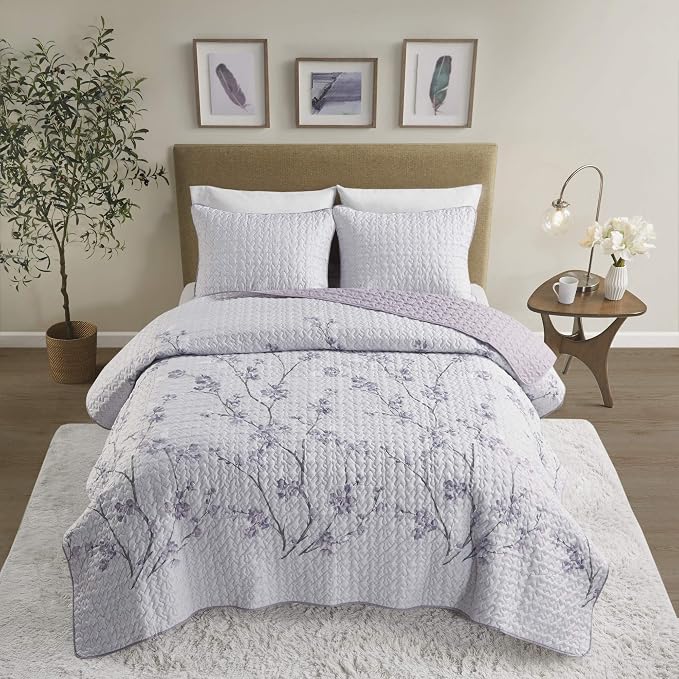 Comfort Spaces Bedspread Coverlet Set, Full/Queen, 3 Piece, Grey/Purple | All Season, Microfiber, Classic Layered Look for Any Bed, Floral Pattern, Reversible, Lightweight, OEKO-TEX Certified