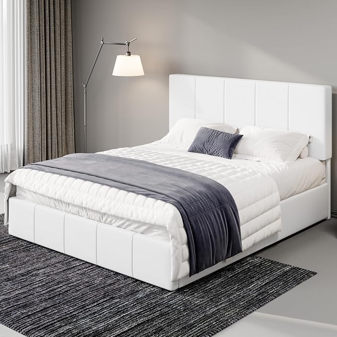 Allewie Queen Size Dutch Velvet Upholstered Platform Bed Frame/Vertical Channel Tufted Adjustable Headboard/Low Profile Bed Frame/No Box Spring Needed/Easy Assembly/White