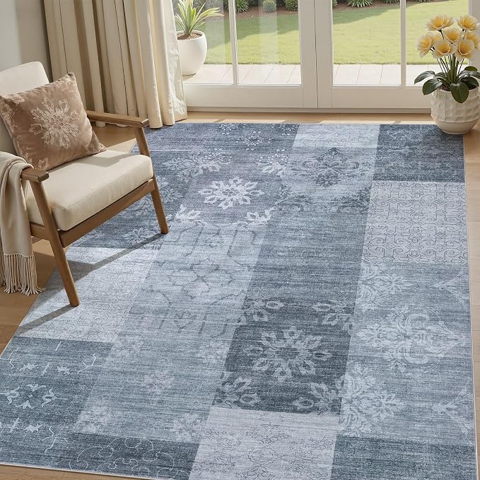 UERMEI 5x7 Area Rug for Living Room - Washable Vintage Carpet, Non-Slip Soft Large Indoor Floor Rugs for Bedroom Home Office & Under Dining Table Decor, Blue Block