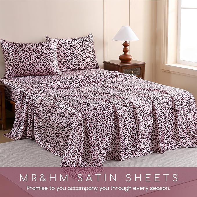 MR&HM Satin Sheets Twin Size with Elastic Corner Straps, Pink Leopard | Similar to Silk, 3-Piece Silky Soft Bed Sheet Set, Gentle on Skin and Hair, 15" Deep Pocket, Cooling & Breathable