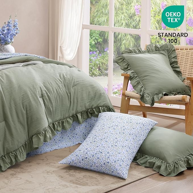 California King Comforter Set-7 Pieces Ruffle Bedding | Sage Green Bed in a Bag, Soft Lightweight All Season Farmhouse King Size Bedding Sets with Floral Sheets, Pillowcases & Shams