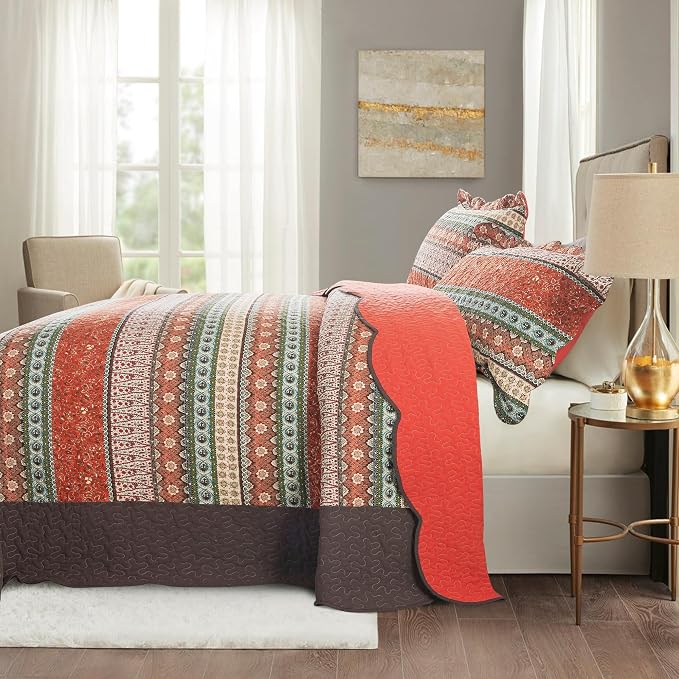 Cotton Bedspread Quilt Sets - Reversible Patchwork Coverlet Set, Red Striped Jacquard Pattern, Oversized King Size