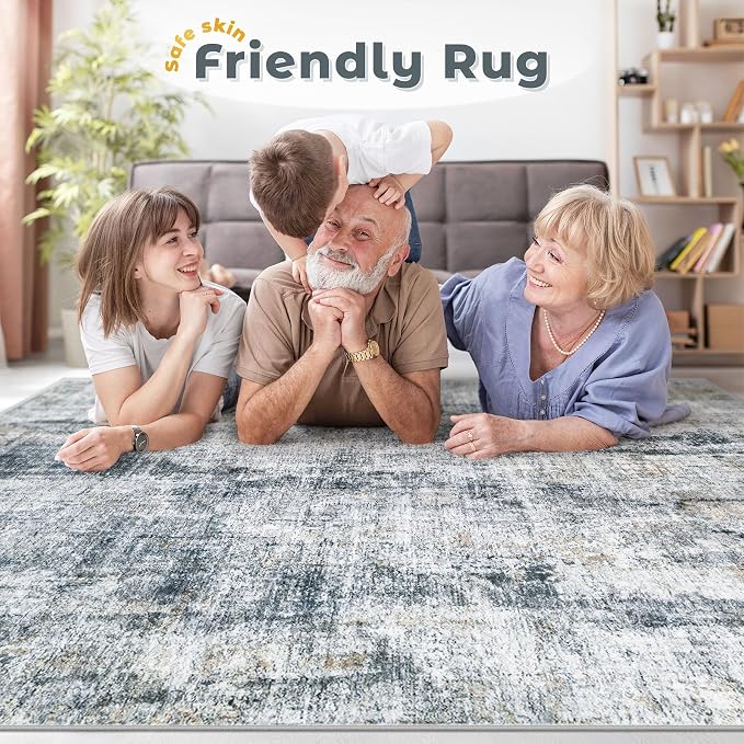 6x9 Area Rugs Washable Rug: Abstract Neutral Rugs Modern Non Slip Area Rug Stain Resistant Low Pile Indoor Carpet for Dining Room Bedroom Nursery Office (Multi Blue, 6'x9')