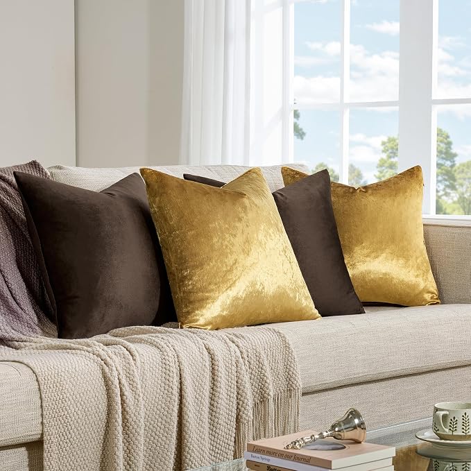 GIGIZAZA Pack of 4 Decorative Velvet Pillow Covers 18x18 Brown Gold | Throw Pillows for Couch Sofa,280gsm Soft Textured Fabric,Modern Accent Pillowcases,Luxury Living Room Cushion Covers