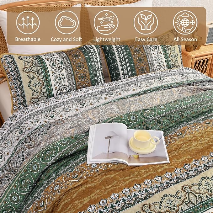 WONGS BEDDING Boho Quilt King Size,3 Pcs Bedspread Set, Brown Green | Colorful Bohemian Striped Printed Bedding for All Season, Lightweight Microfiber Coverlet Set with 2 Pillowcases(104"x90")