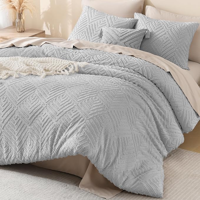 Litanika Super King Plus Comforter Set, 3 Pcs Tufted Boho Bedding Set | Light Grey Farmhouse Shabby Chic Vintage Bohemian Textured Aesthetic Soft Fluffy Lightweight Breathable All Season Bed Set