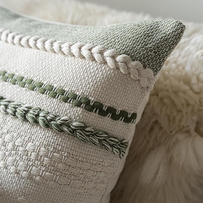 Cethom Boho Lumbar Pillow Covers 14x36 Inch Long, Green Textured Decorative Couch Pillow Cases for Farmhouse Home Decor, Accent Cushion Cover for Sofa, Bed, Living Room, Bedroom, Pack of 1