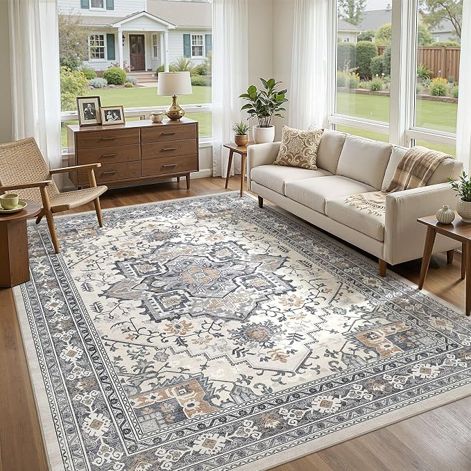 UERMEI 10x12 Area Rug Living Room Rugs - Washable Vintage Soft Large Rug Indoor Floor No Slip Rug Carpet for Bedroom Farmhouse Under Dining Table Home Office Decor - Grey-Orange