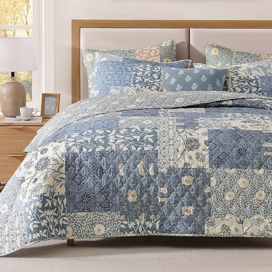 King Size Quilt Set-3 Pieces Soft King Bedspread Floral Patchwork Quilt | Lightweight Blue Quilt, Reversible Vintage Floral Bedding Set, All Seasons Bed Coverlet with 2 Pillow Shams, 106"x94"
