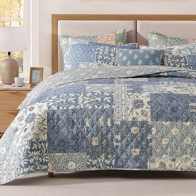 Quilts Queen Size-3 Pieces Soft Queen Bedspread Floral Patchwork Quilt | Lightweight Blue Quilt, Reversible Vintage Floral Bedding Set, All Seasons Bed Coverlet with 2 Pillow Shams, 90"x94"