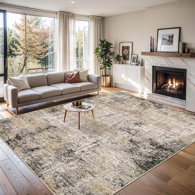 PLHXFR 8x10 Area Rug Living Room: Abstract Washable Carpet Brown Black | For Bedroom Dining Room Farmhouse Nursery Home,Machine washable,Non Slip,Large Soft Neutral,Stain Resistant, Indoor Floor