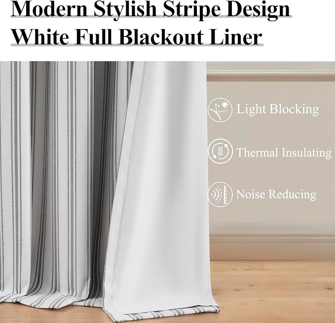 ZJDECOR Black White Striped Modern Full Blackout Curtain Panels,55"Wx84"Lx2 | Room Darkening Panel,Isolate Light and Noise,Rod Pocket Back Tab,Bedroom Living Room Window Treatment