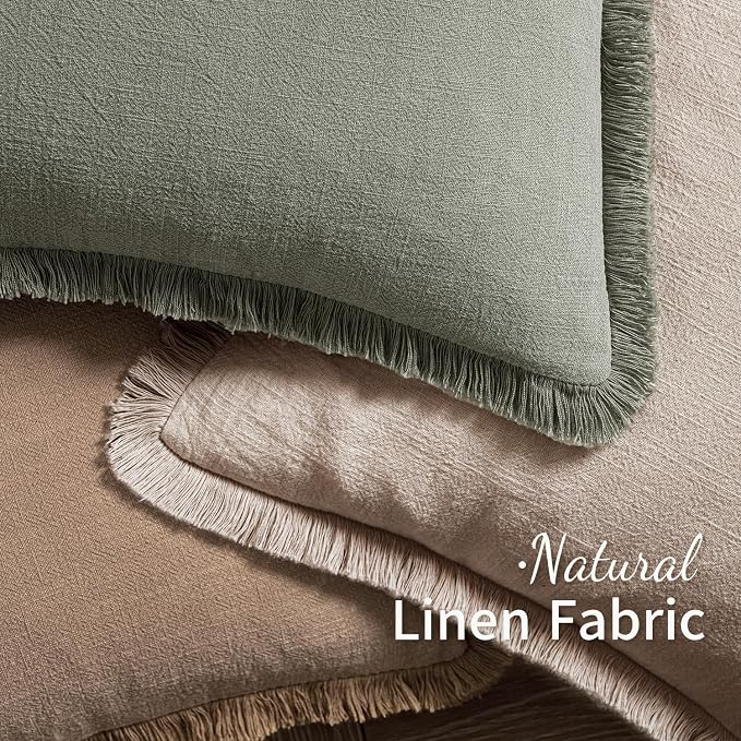 MIULEE Boho Natural Linen Fringe Decorative Euro Throw Pillow Covers 24x24 | Set of 2, Cottagecore Decor, Boho Farmhouse Neutral Pillow Covers, Rustic Couch Cushion Cases for Sofa Bed Living Room