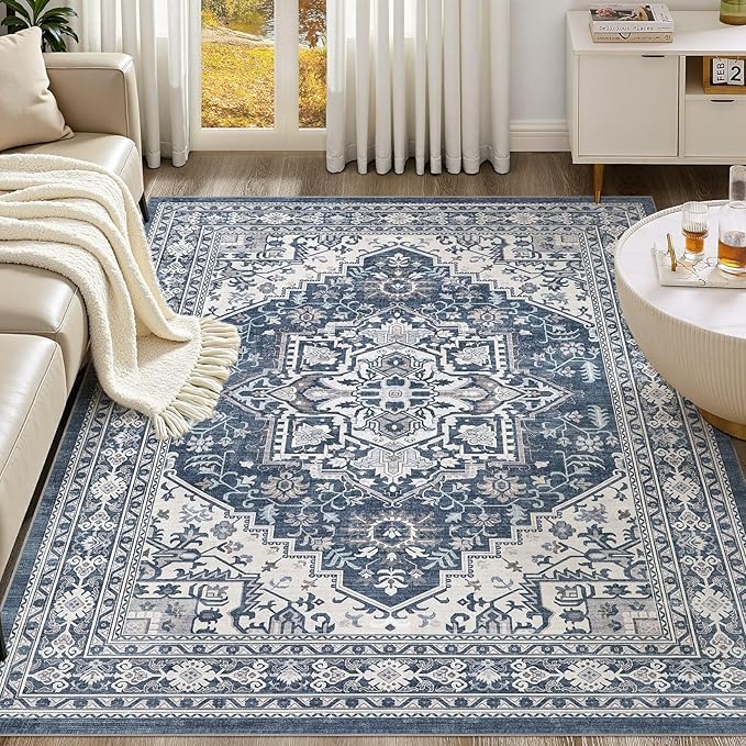 UERMEI 8x10 Area Rug for Living Room - Washable Vintage Carpet, Non-Slip Soft Large Indoor Floor Rugs for Bedroom Home Office & Under Dining Table Decor, Denim Blue/White