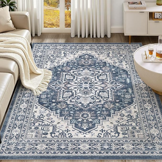 UERMEI 6x9 Area Rug for Living Room - Washable Vintage Carpet, Non-Slip Soft Large Indoor Floor Rugs for Bedroom Home Office & Under Dining Table Decor, Denim Blue/White
