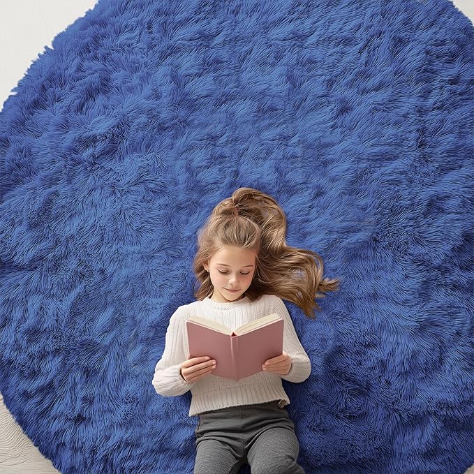 OLANLY Navy Blue Round Rugs for Bedroom - Machine Washable, 7 ft Circle Area Rugs for Living Room, Soft and Fluffy Shaggy Carpet for Teen Girls and Boys, Nursery Rooms, Dorms, Home Decor Aesthetic