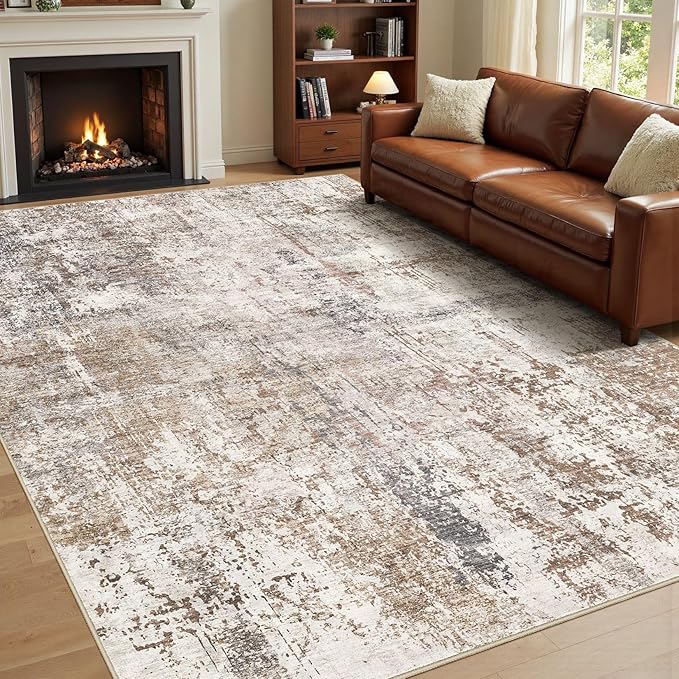 UERMEI 8x10 Washable Area Rug - Neutral Modern Abstract Living Room Rugs, Non-Slip Soft Large Indoor Floor Carpet for Bedroom Home Office & Under Dining Table Decor, Brown/Grey/Red