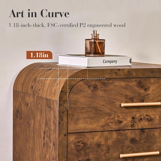 Curved 9-Drawer Dresser for Bedroom, 63" Wide Modern Chest of Drawers, Vanity Desk TV Stand for Living Room, Closet Storage Drawers Organizer Furniture, Nursery, Hallway, Dark Burl