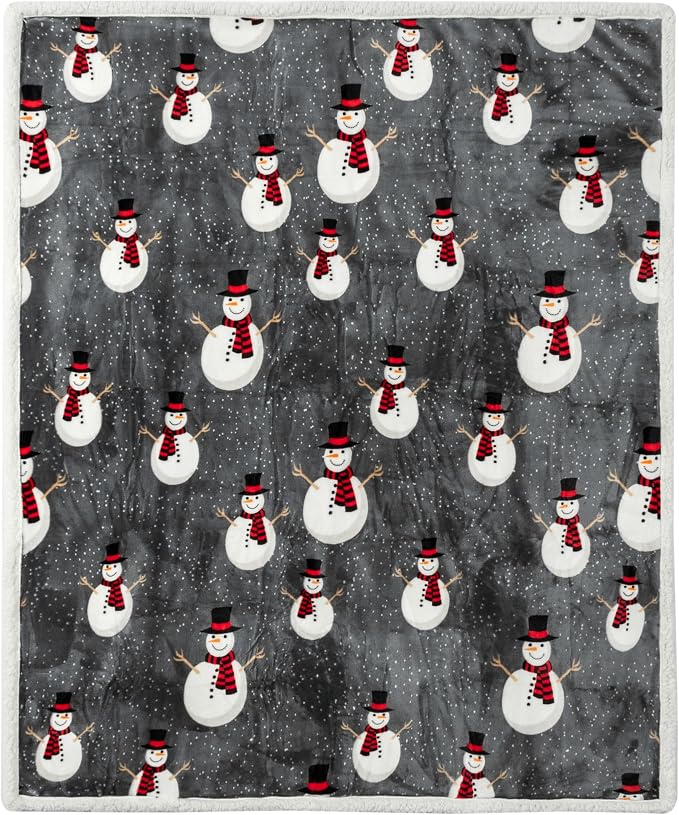PAVILIA Premium Christmas Sherpa Throw Blanket, 50x60, Grey Snowman Cozy Fleece Holiday Blanket, Reversible Plush Winter Throw for Couch & Bed, Ultra Soft Warm