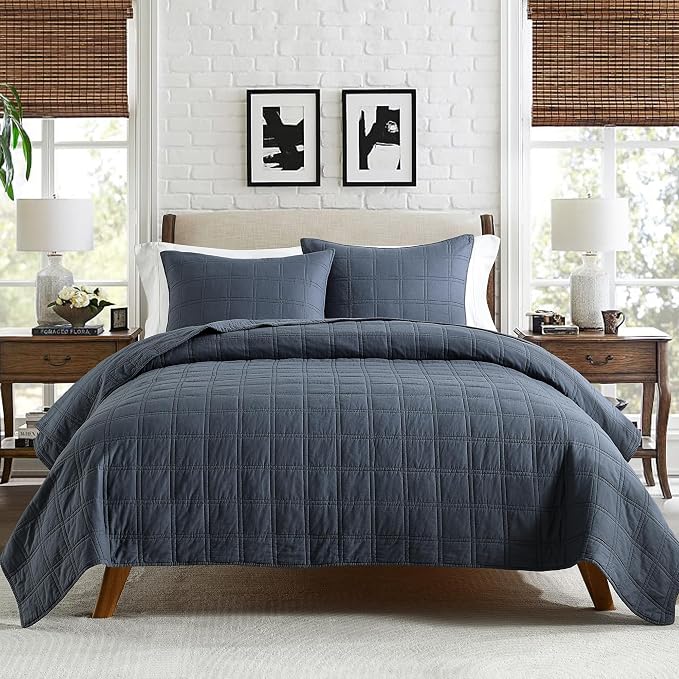 HORIMOTE HOME 100% Cotton Quilt Set Queen Size, Denim Blue Pre-Washed Bedspreads Coverlet Set in Geometric Pattern, Cozy Lightweight Stitching Decorative Bedding Cover with 2 Shams for All Season
