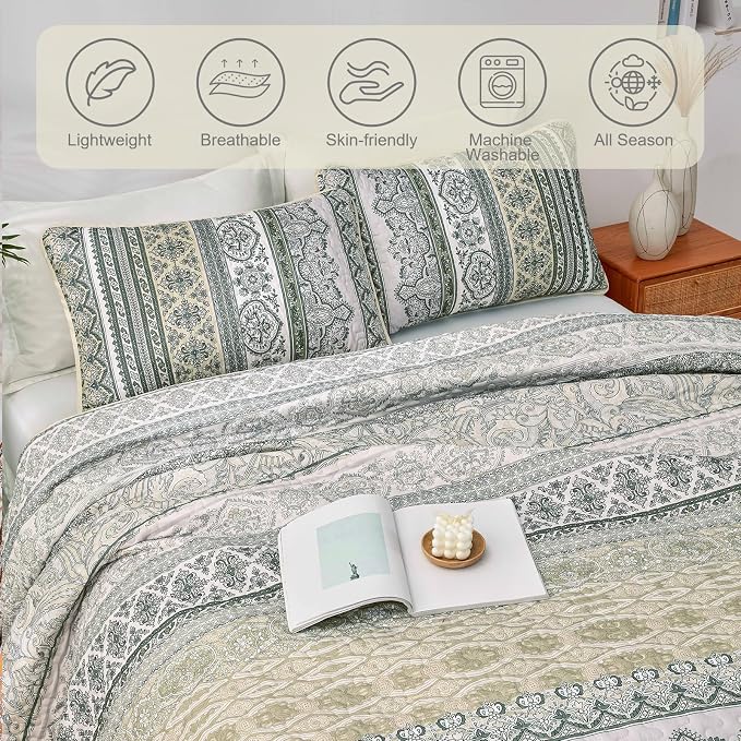 WONGS BEDDING Boho Quilt Queen Size,3 Pcs Beige Bedspread Bedding Set | Colorful Bohemian Striped Printed Bedding for All Season, Lightweight Microfiber Coverlet Set with 2 Pillowcases(96"x90")