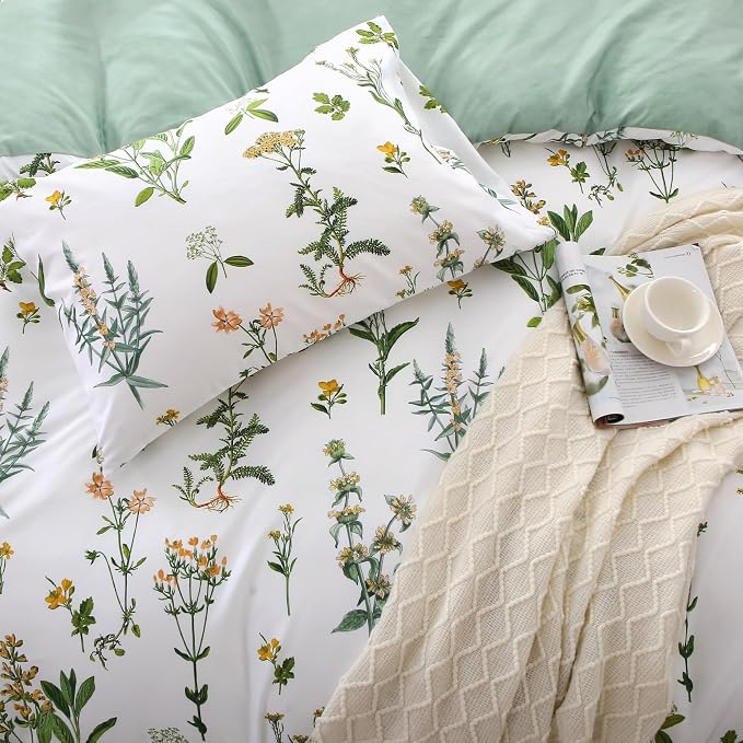 MUXHOMO Duvet Cover King Size, Reversible Floral Green Duvet Cover Set with Zipper Closure, 3 Pieces Botanical Patterns Soft Microfiber Bedding Set with 4 Ties (90"x104", 2 Pillow Cases)